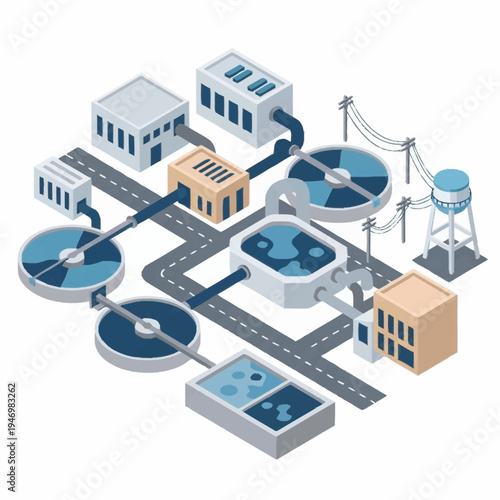 Isometric Water Treatment Plant and Purification System.