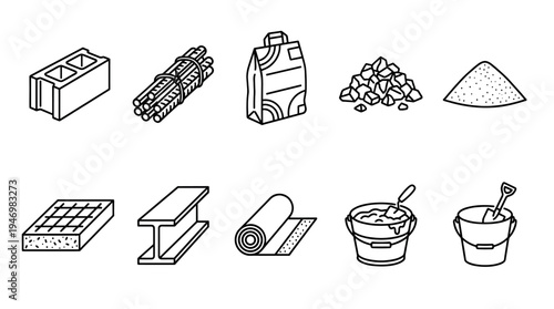 A collection of line art illustrations depicts various construction materials and tools, including bricks, wood, cement bag, gravel, sand, rebar, steel beam, roofing roll, and buckets with tools.