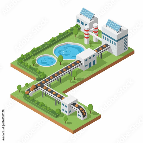 Isometric Water Treatment Plant with Conveyor Belt System.