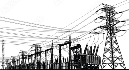 Electrical substation illustration, high voltage transmission towers, transformers  vector art