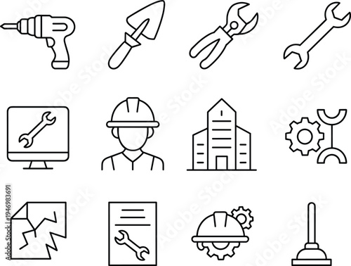 Construction and engineering icon set, repair and maintenance graphics, technical support symbols, worker and tool figures, black vector, white background