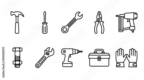 A set of clean, simple line art icons representing various tools and hardware, presented on a white background for versatile design use.