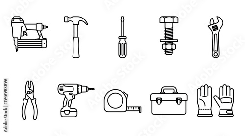 A clean line art illustration of various essential construction and repair tools, including a nail gun, hammer, screwdriver, bolt, wrench, pliers, drill, tape measure, toolbox, and gloves.