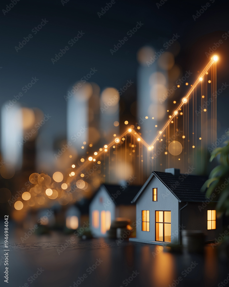Fototapeta premium Real Estate Ascent: Tiny illuminated homes stand in a row beneath a rising graph, illustrating the soaring value of properties in the housing market, evoking a sense of economic growth.