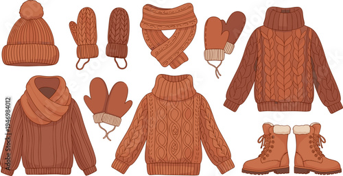Warm Winter Clothing Vector Set with Knitted Sweaters Mittens Scarf Beanie Hat and Boots Cozy Cold Weather Fashion Illustration