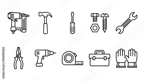This image features a collection of ten simplified black line art icons representing various construction and DIY tools on a white background.