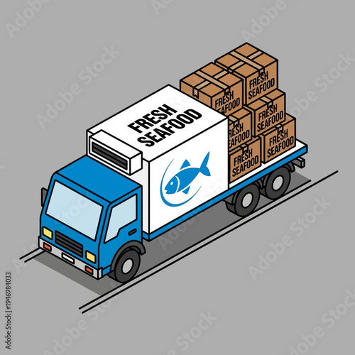 Isometric illustration of a refrigerated truck transporting boxes of fresh seafood products.