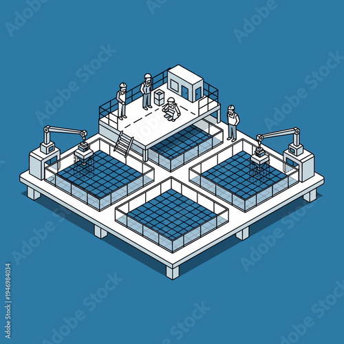Isometric illustration of a solar panel farm with robotic arms and workers.