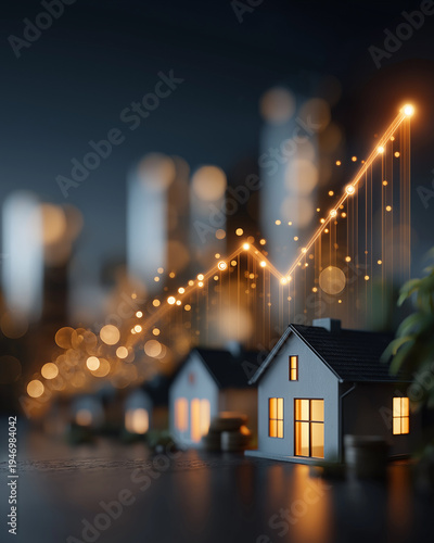 Real Estate Ascent: Tiny illuminated homes stand in a row beneath a rising graph, illustrating the soaring value of properties in the housing market, evoking a sense of economic growth.