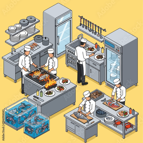 Isometric view of a commercial kitchen with chefs preparing various dishes.