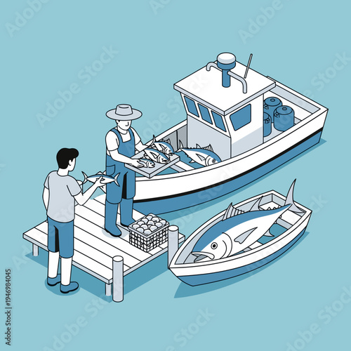 Fishermen unloading a boat full of tuna at the dock, ready for sale.