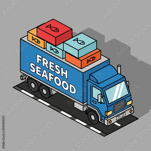 Isometric illustration of a blue seafood delivery truck carrying boxes of fresh fish.