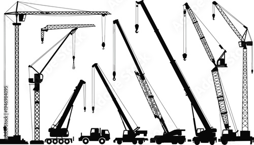 Construction crane silhouette icon set, heavy lifting graphics, tower and mobile crane symbols, industrial design figures, black vector, white background