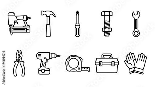 A clean, minimalist line art icon set features various tools like a nail gun, hammer, screwdriver, bolt, wrench, pliers, drill, tape measure, toolbox, and gloves, on a white background.