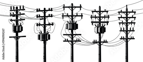 Electrical utility poles with transformers, insulators, crossarms, power lines,