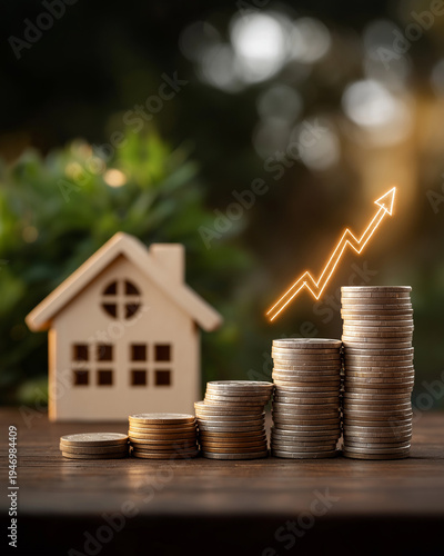 Wallpaper Mural Rising Investment: A wooden house sits beside a stack of coins, illustrating financial growth and upward trajectory Torontodigital.ca