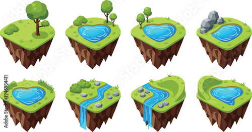 Isometric floating island nature landscapes with lakes, rivers, trees, and rocks, fantasy terrain environment tiles for game design, adventure maps, and outdoor scenery