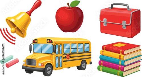 Back to School Education Vector Set with School Bus Apple Bell Lunch Box Books and Chalk Cartoon Classroom Illustration