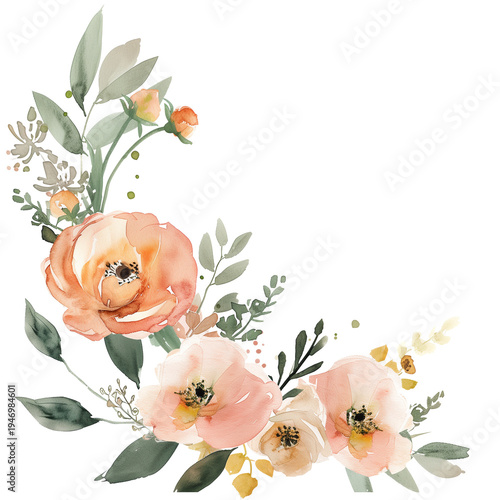Watercolor Peach Floral Corner with Soft Botanical Leaves