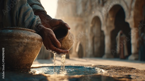 Ancient Hand Pouring Water from Clay Pot