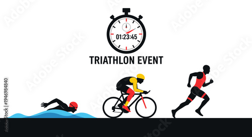 Illustrated Triathlon Event Featuring Swimming, Cycling, and Running Competition