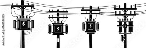 Electrical utility poles with transformers, power lines, insulators, energy distribution 