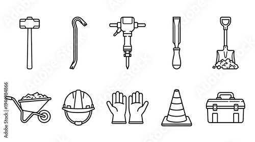 A clean outline icon set featuring various construction tools like a sledgehammer, crowbar, jackhammer, chisel, shovel, wheelbarrow, hard hat, gloves, safety cone, and toolbox.