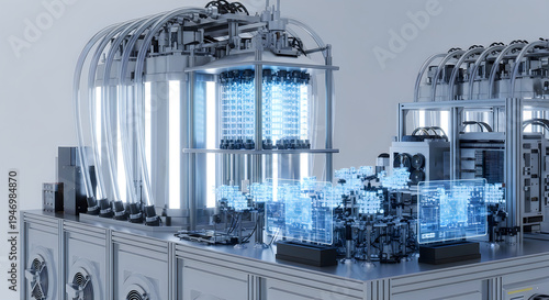 Wallpaper Mural 3D rendering of futuristic robotic machinery with blue glowing components video Torontodigital.ca