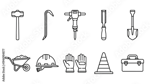 A clean, black and white line art collection of essential construction tools and safety equipment, perfect for illustrating building and DIY projects.