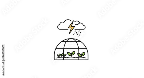 Greenhouse with plants and stormy weather.