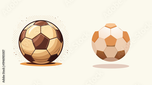 Stylized vector art of two soccer balls in brown and beige, depicting sport, game, and recreation. Ideal for athletic graphics and digital design projects