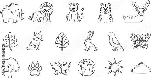 Collection of cute cartoon animals and nature elements in a simple line art style