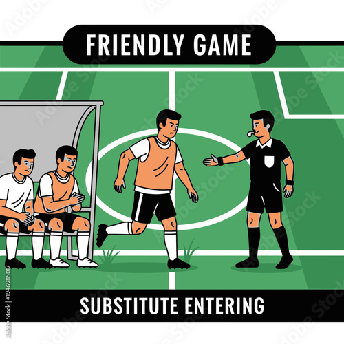Illustration Depicting a Friendly Soccer Match Substitution Featuring Players and a Referee
