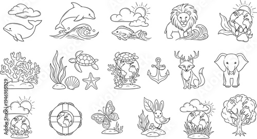 Collection of cute hand-drawn nature and animal icons for educational purposes