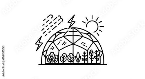 Greenhouse with plants and weather icons.