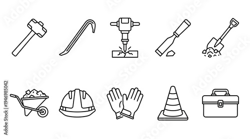 A clean line art illustration featuring ten essential construction tools and safety equipment, perfect for design projects related to building and repair.