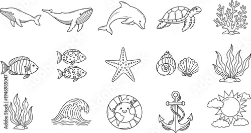 Collection of cute hand-drawn marine life and ocean elements in a simple line art style