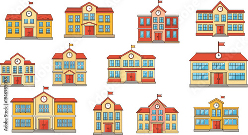 School building vector icons collection with classrooms, windows, and clock towers, colorful education architecture illustrations for academic institutions, learning centers, and campus design