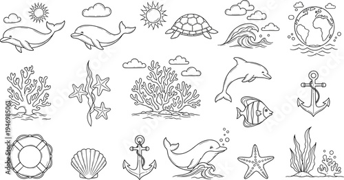 Collection of hand-drawn marine life and nautical elements in a simple line art style