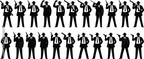 Silhouette pattern of armed men in suits and hats, holding guns in various poses, vintage noir crime illustration
