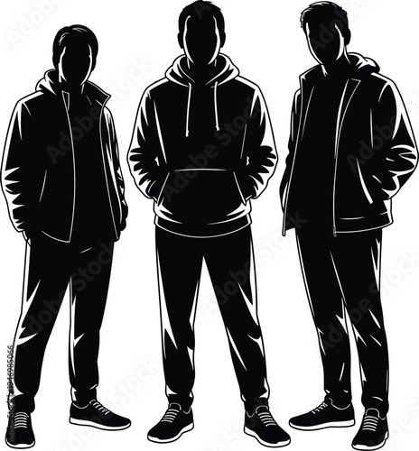 Silhouette of three men in hoodies and jackets standing side by side, urban streetwear fashion, modern youth culture vector art