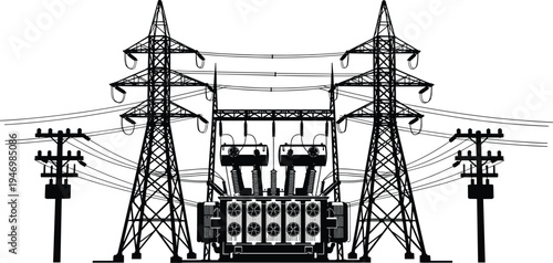 electricity, transformer, substation, voltage, circuit, insulator, transmission, distribution, infrastructure, energy, power, utility, grid, tower, industrial