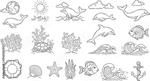 Collection of hand-drawn marine life and ocean elements in a simple outline style