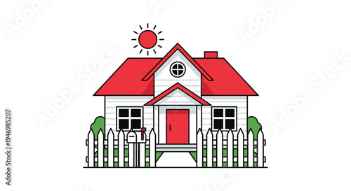 Stylized vector icon of a house with red roof and white picket fence