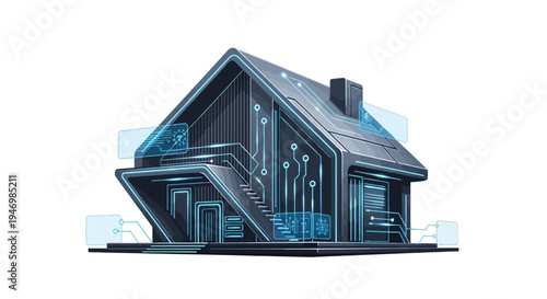 Futuristic smart home with circuit board design and blue neon lights