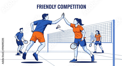 Illustration Of A Badminton Match Showcasing Friendly Competition And Sportsmanship Vibe