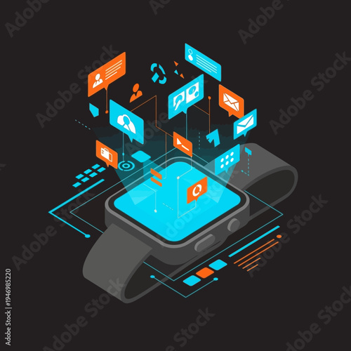 Isometric illustration of a smartwatch with connected digital icons, representing communication and data.