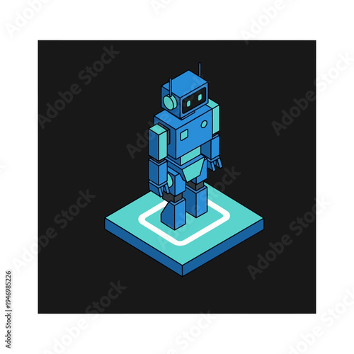 Isometric illustration of a blue robot standing on a glowing platform against a dark background.