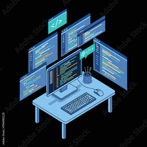 Isometric illustration of a programmer's workspace with multiple coding windows and tools.