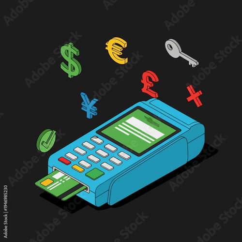 Isometric view of a point-of-sale terminal with currency symbols and a credit card.